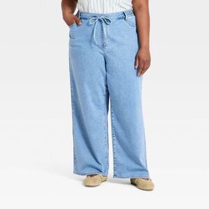 Ava & Viv - Women's High-Rise Tie-Front Straight Leg Beach Jea Light Wash